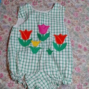 Vintage multicolored tulips Kelly's Kids green checkered jumper